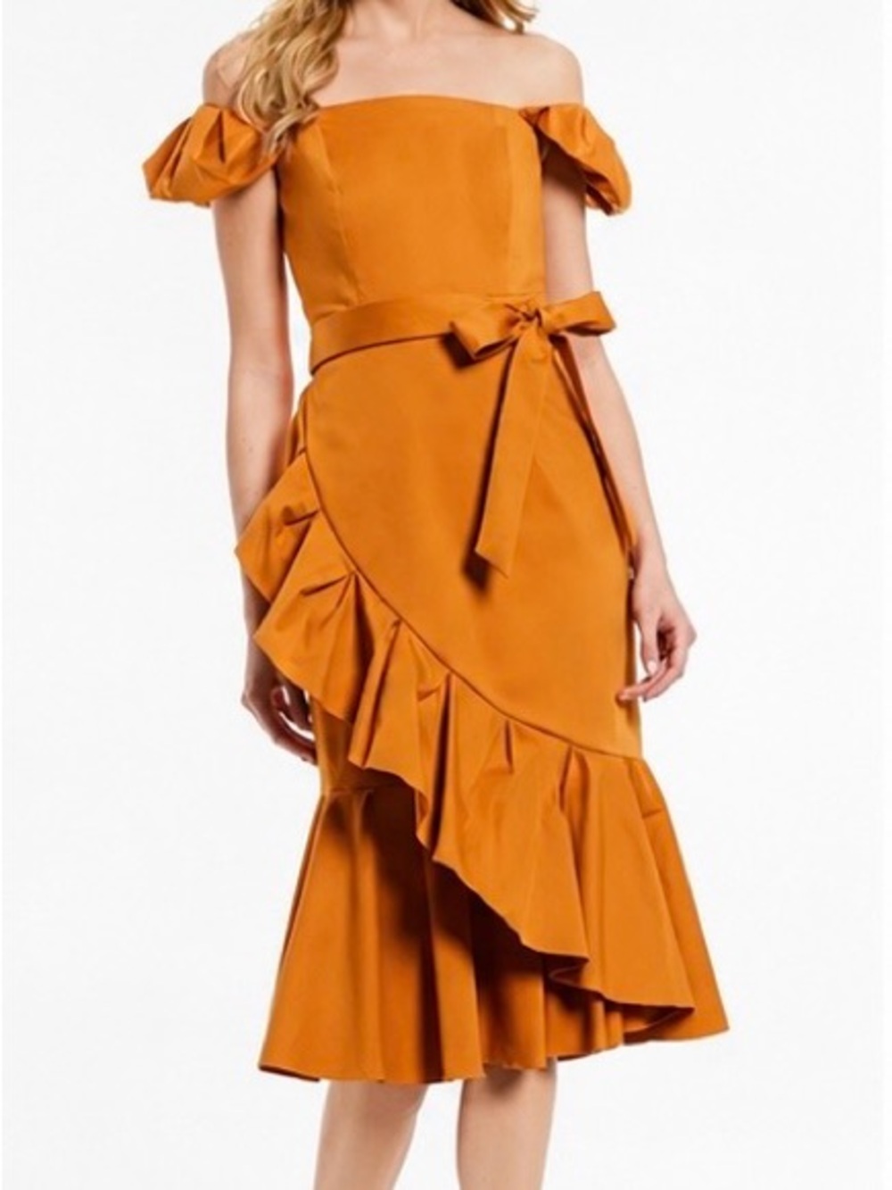 Antonio Melani Orange Ruffle Midi Dress Belted Cotton Blend Cocktail Size 10